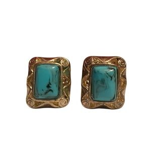 Vintage Womens Blue And Silver Faux Turquoise Retro Clip On Earrings